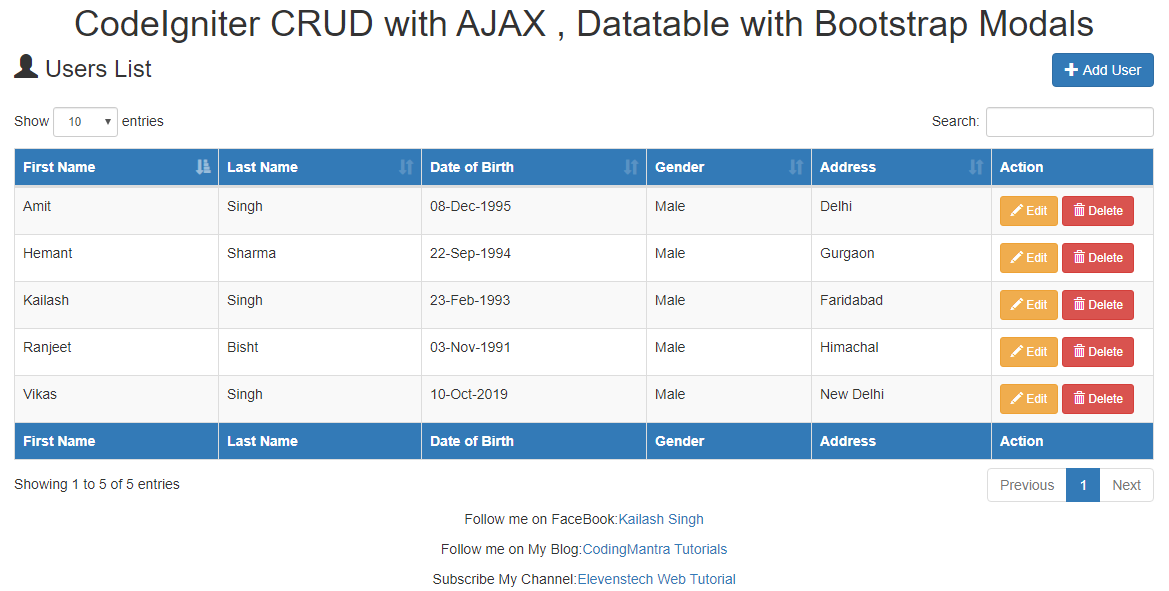 CodeIgniter CRUD with AJAX , Datatable with Bootstrap Modals