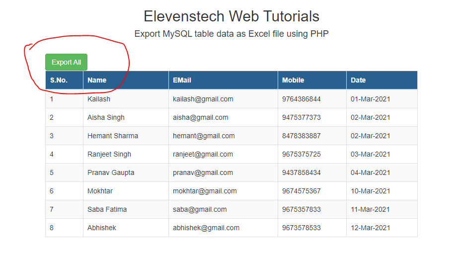 Export MySQL table data as Excel file using PHP