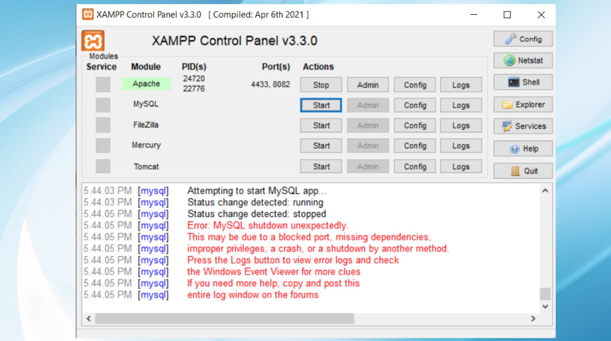 How can I solve - Error: MySQL shutdown unexpectedly?